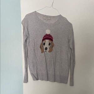 LOFT Gray Sweater with Dog and Red Hat